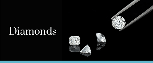 The text Diamonds to the left of three diamonds with a fourth being held by a tool, against a black background.